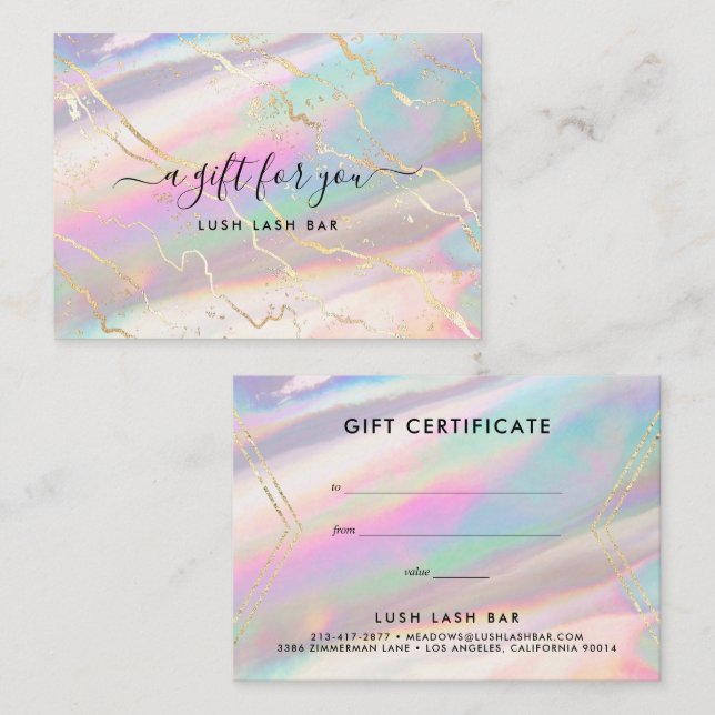 Certificado de regalo de ópalo iridiscente holográ (Anverso / Reverso)