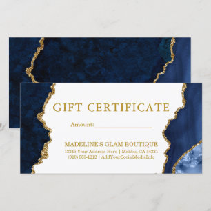 Certificado de regalo de oro de mármol azul acuáti