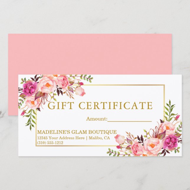Certificado de regalo de oro de rosas rosadas flor (Anverso / Reverso)