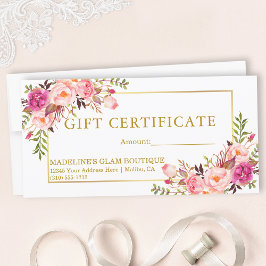 Certificado de regalo de oro floral de color rosa 