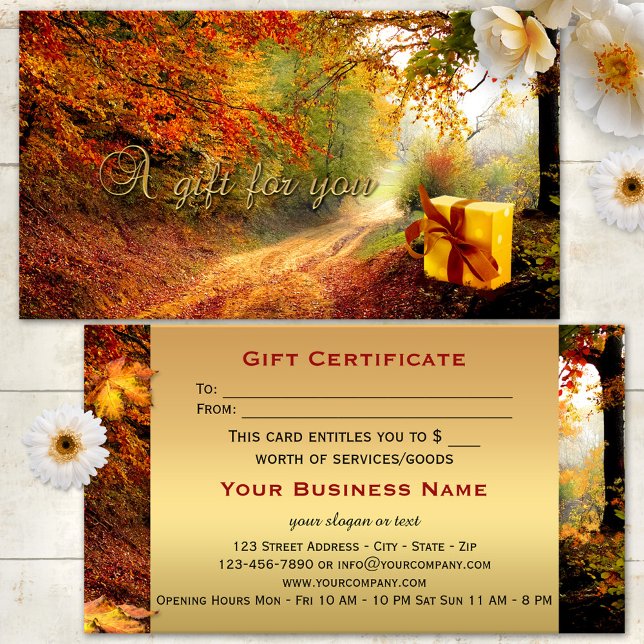 Certificado de regalo de oro forestal de otoño (A beautiful fall gift certificate featuring an image of a package in the forest - with gold)