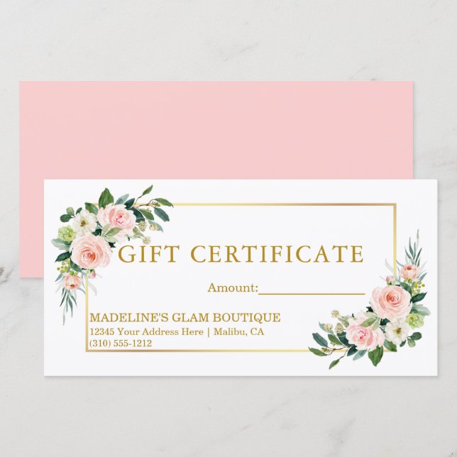 Certificado de regalo de oro rosa floral acuarela (Anverso / Reverso)