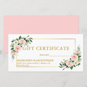 Certificado de regalo de oro rosa floral acuarela