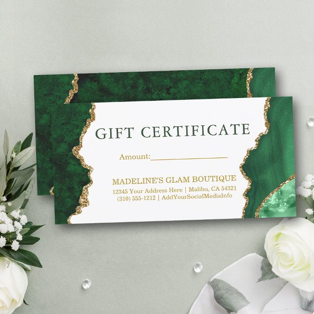 Certificado de regalo de oro verde de mármol acuát (Customize to change text color, text style or to add text to back of card.)