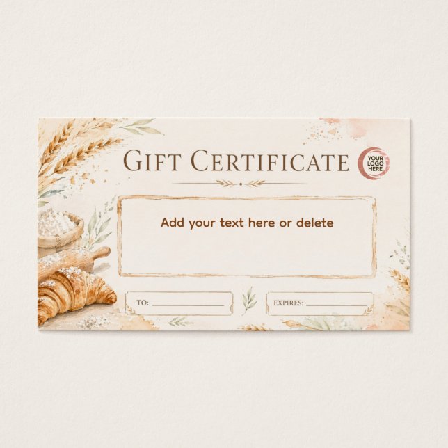 Certificado de regalo de panadería de acuarela bei (Frente)