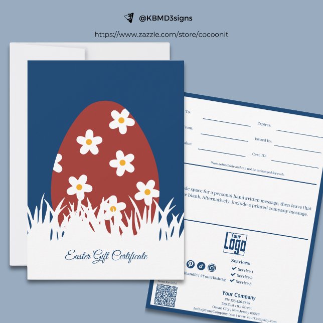 Certificado de regalo de Pascua para empresas pequ (Trendy Small Business Easter Gift Certificate, Easter Egg with blossoms on Lawn)