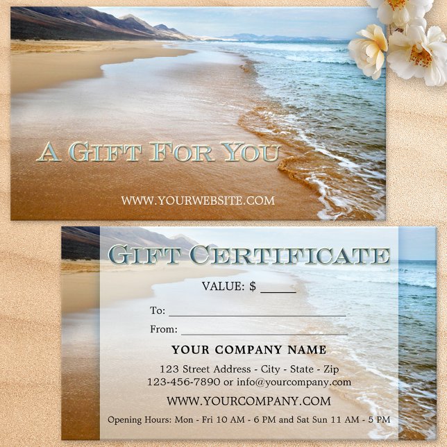 Certificado de regalo de playa (Business card size gift certificate featuring an image of the beach)