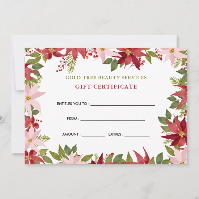 Certificado de regalo de Poinsettia Rojo Floral Wa (Anverso)