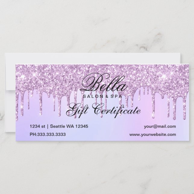 Certificado de regalo de Purple Glitter Drip Salon (Anverso)