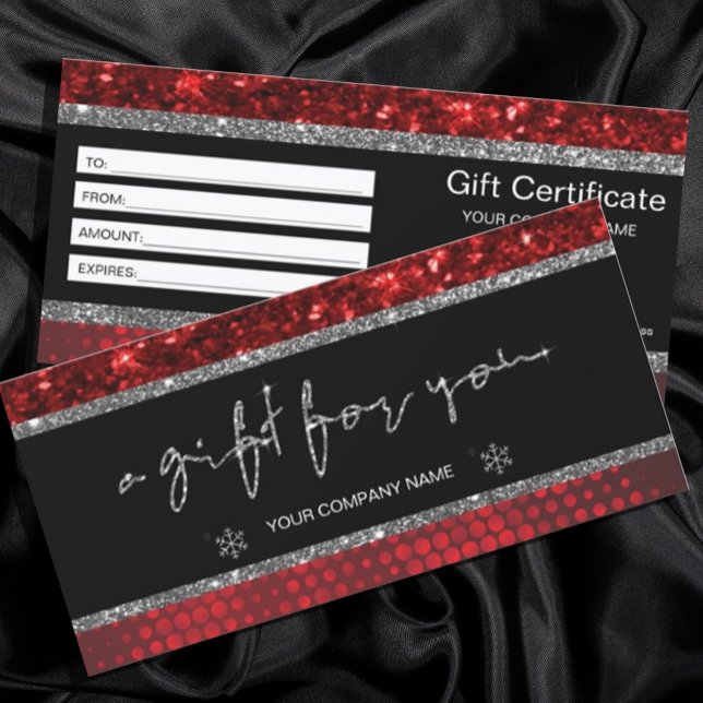 Certificado de regalo de Purpurina de Faux Rojo Pr (#christmas #deepred #giftcard #certificate #agitforyou #holiday #glitterred #silver)
