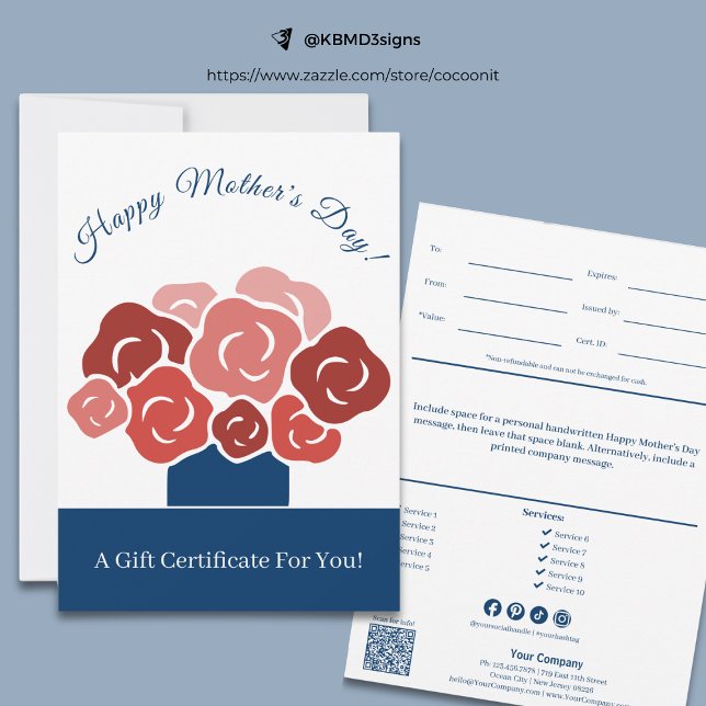Certificado de Regalo de Ramo del Día de la Madre  (Modern Happy Mother's Day Bouquet Gift Certificate, Blue, White, Red)