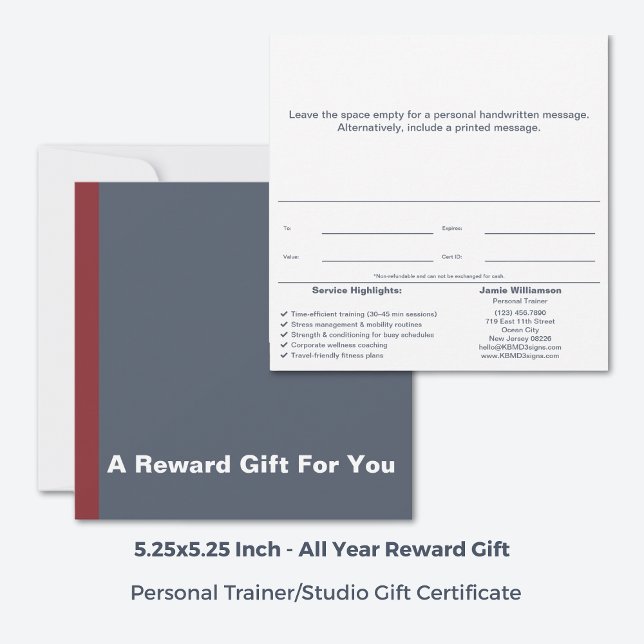 Certificado de regalo de recompensa de entrenador  (Square 5.25x5.25 Inch, Corporate Personal Trainer Reward Gift Certificate, Grey, White & Red Accent)