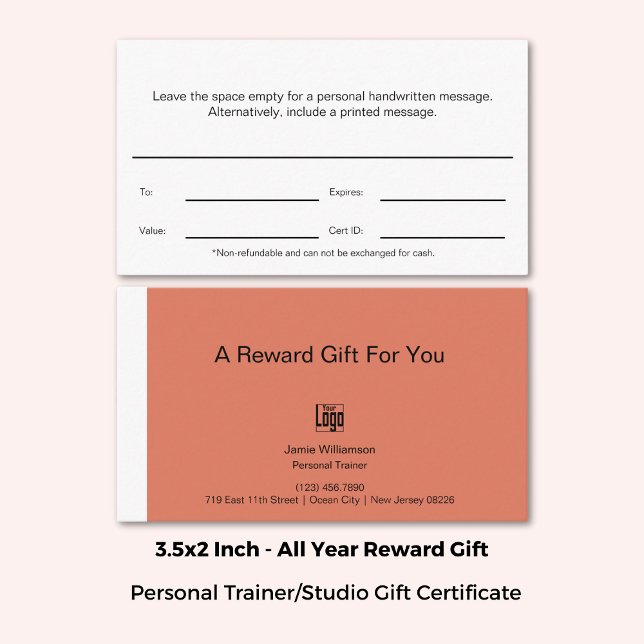 Certificado de regalo de recompensa de entrenador  (3.5x2 Inch, Personal Fitness Trainer Reward Gift Certificate, Orange, White, Black)