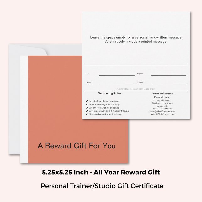 Certificado de regalo de recompensa para entrenado (Square 5.25"x5.25", Healthy Habits Coach Reward Gift Certificate, Orange, White, Black Brand Colors)