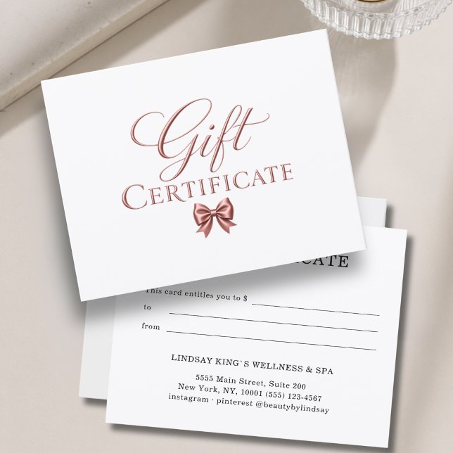Certificado de regalo de Rosa de Oro Blanco con La (Elegant Bow White Rosegold Gift Certificate)