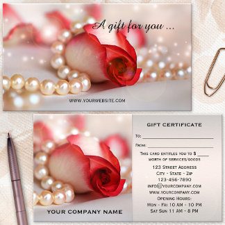 Certificado de regalo de rosa romántica y perlas