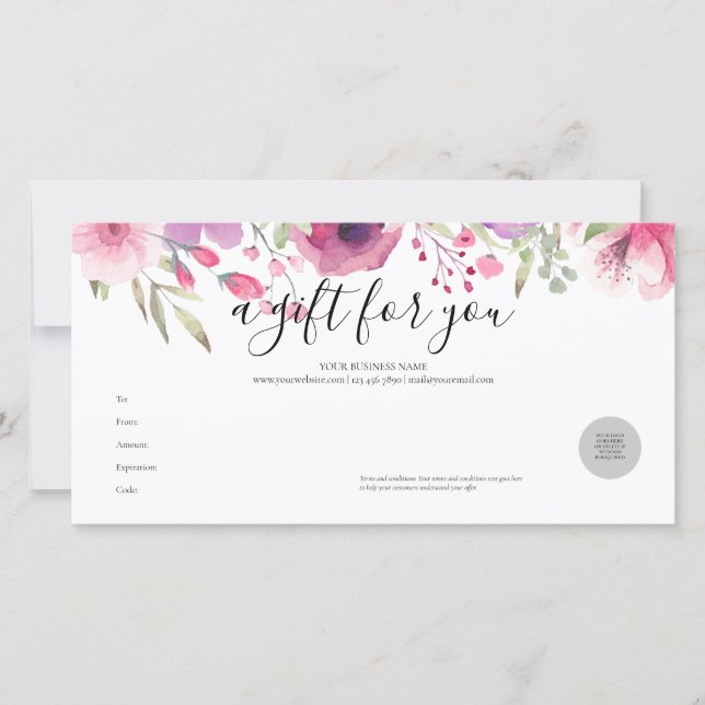 Certificado de regalo de rosas acuarela (Anverso)
