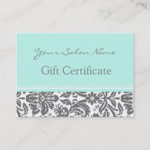 Certificado de regalo de salón Aqua Gray Damask