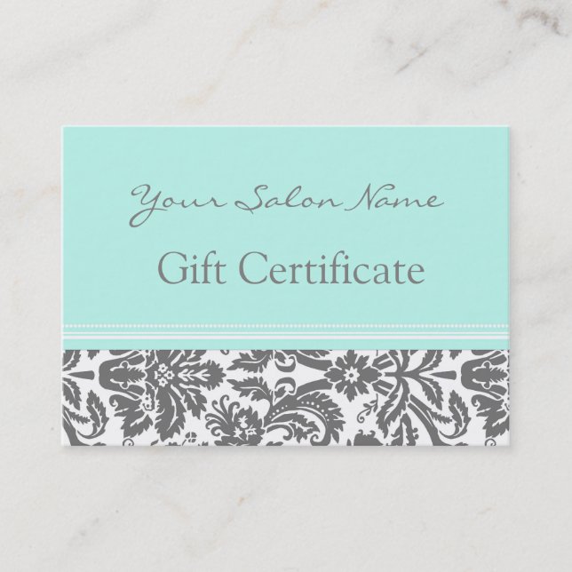 Certificado de regalo de salón Aqua Gray Damask (Anverso)