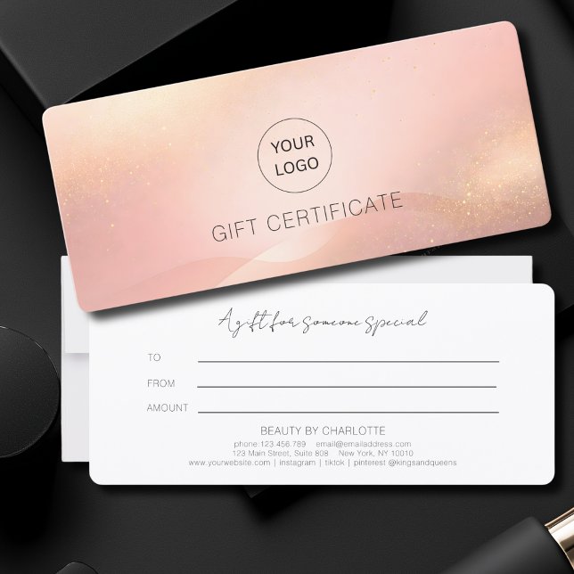 Certificado de regalo de salón con logo de brillo  (Blush Gold Glow Logo Salon Gift Certificate)