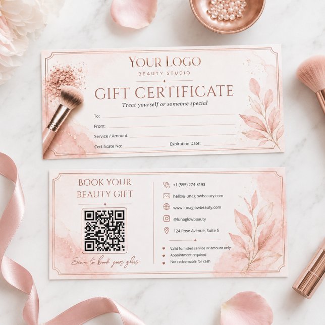 Certificado de regalo de salón de belleza Blush Ro (Blush Pink QR Code Beauty Salon Gift Certificate Template)