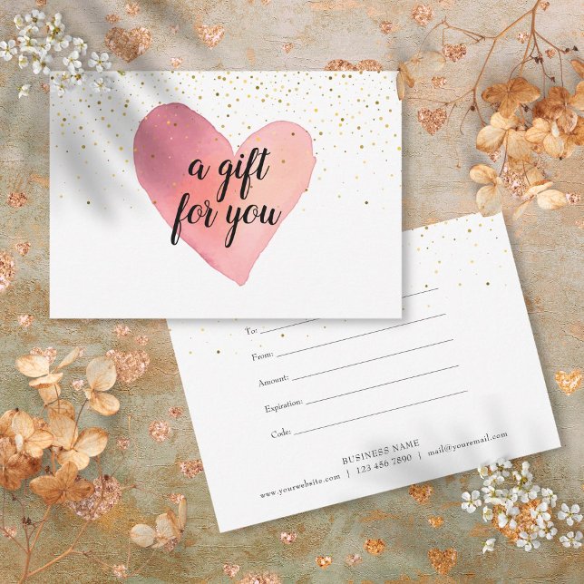 Certificado de regalo de salpicaduras de oro de co (Watercolor Heart Gold Sprinkles Gift Certificate)