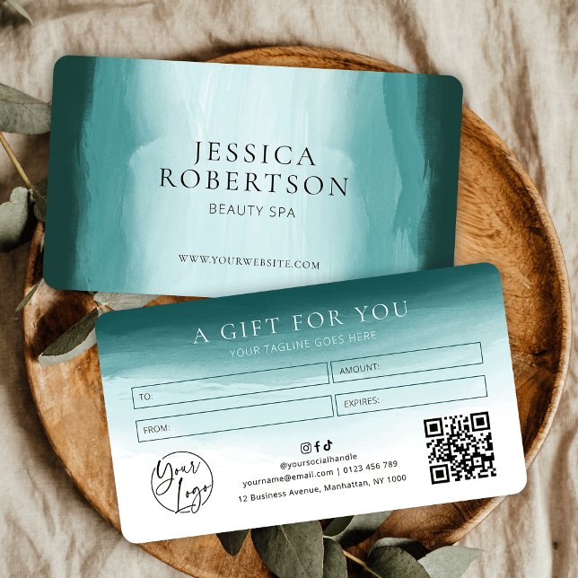 Certificado de regalo de Spa estético de color de  (Elegant teal watercolor business gift voucher with your logo, QR code and contact details)