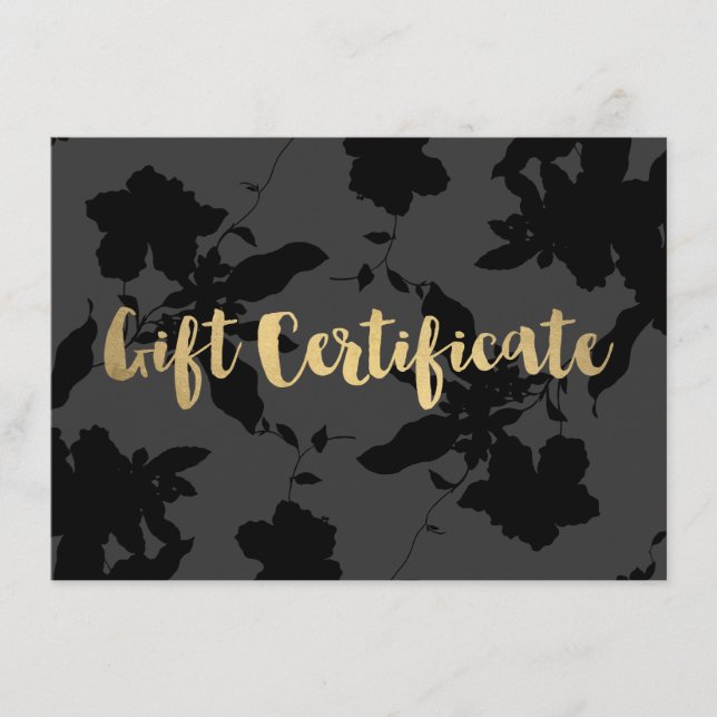 Certificado de regalo de texto de oro floral negro (Anverso)