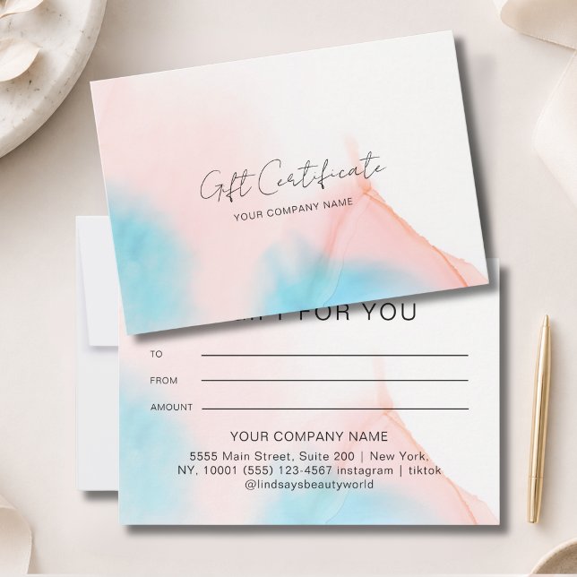 Certificado de regalo de tinta acuarela (Watercolor Ink Gift Certficate Blue Beige Pink)