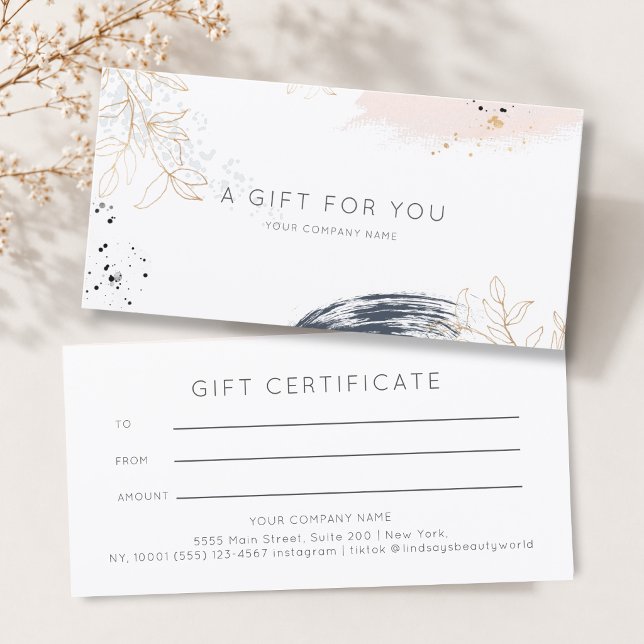 Certificado de regalo de tinta de acuarela moderna (Modern Watercolor Ink White Gift Certficate Blue Blush Gold )