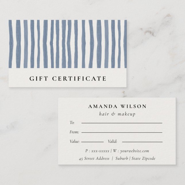 Certificado de regalo de tiras de acuarela azul os (Anverso / Reverso)