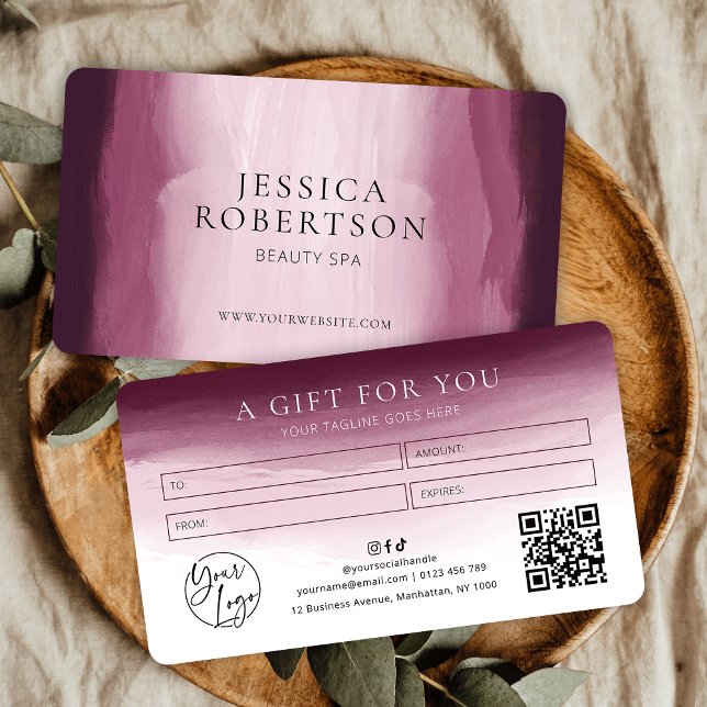 Certificado de regalo del Spa del Salón de belleza (Elegant burgundy red watercolor business gift voucher with your logo, QR code and contact details)