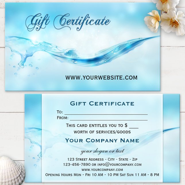 Certificado de regalo del spa Water Splash (Elegant blue turquoise water splash gift certificate with subtle sparkling bokeh effects)