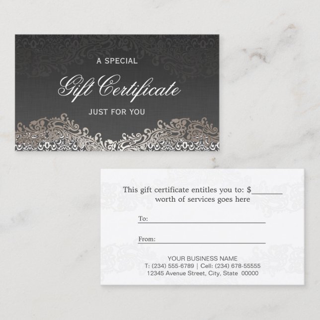 Certificado de regalo - Elegante Damasco de plata  (Anverso / Reverso)