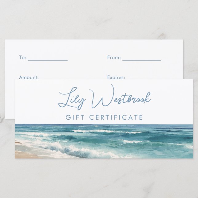Certificado de regalo elegante de playa océano acu (Anverso / Reverso)