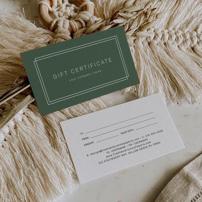 Certificado de regalo empresarial Avery rústico ve (AVERY Rustic Dark Green Business Gift Certificate)