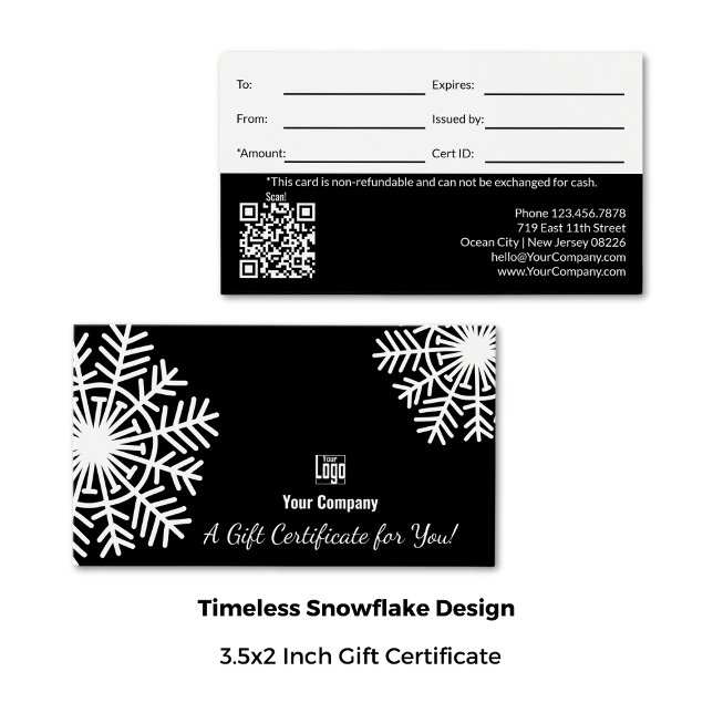 Certificado de regalo en blanco y negro para copo  (3.5x2 Inch, Winter Snowflake Black & White Gift Certificate)