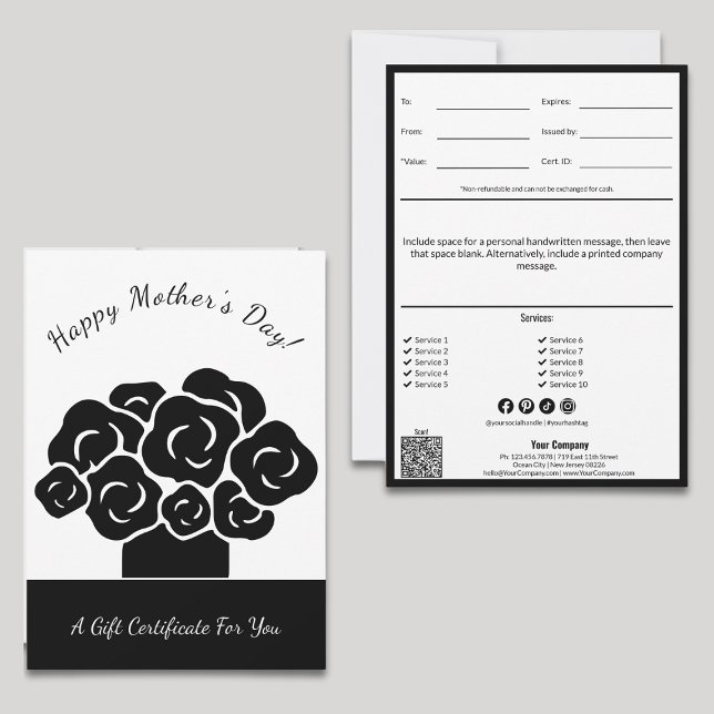 Certificado de Regalo Feliz Día de la Madre Negro  (Happy Mother's Day Black White Gift Certificate, Scissors Cut Style, QR code, Service List, SM)