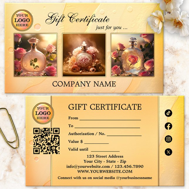 Certificado de regalo femenino artístico de carter (Gift certificate featuring 3 custom photos framed by an artistic feminine ocher and pink design)