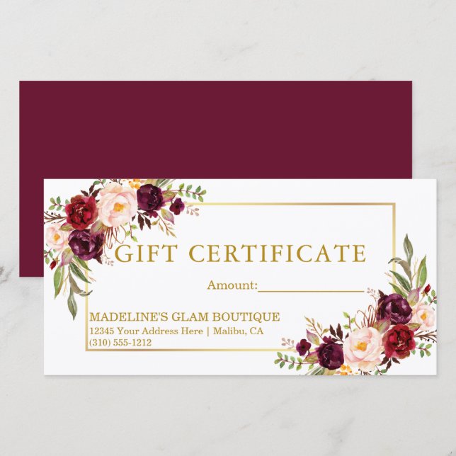 Certificado de regalo floral de acuarela burgundy  (Anverso / Reverso)