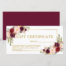 Certificado de regalo floral de acuarela burgundy
