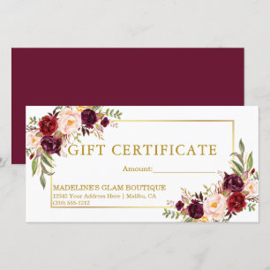 Certificado de regalo floral de acuarela burgundy 