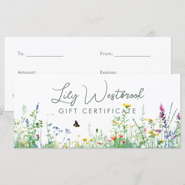 Certificado de regalo floral de flores silvestres  (Anverso / Reverso)