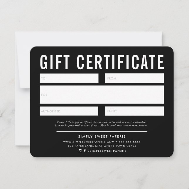 CERTIFICADO DE REGALO NEGOCIO moderno blanco negro (Anverso)
