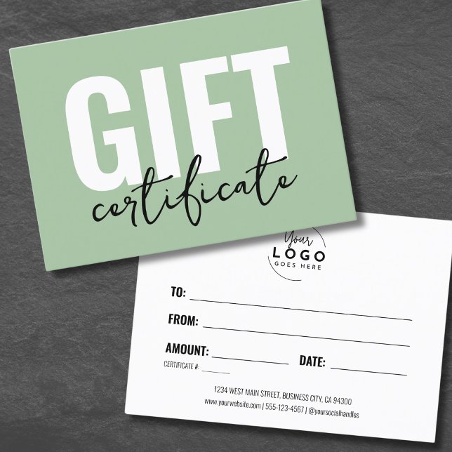 Certificado de regalo para empresas con logotipo m (Sage Green Minimal Logo Business Gift Certificate)