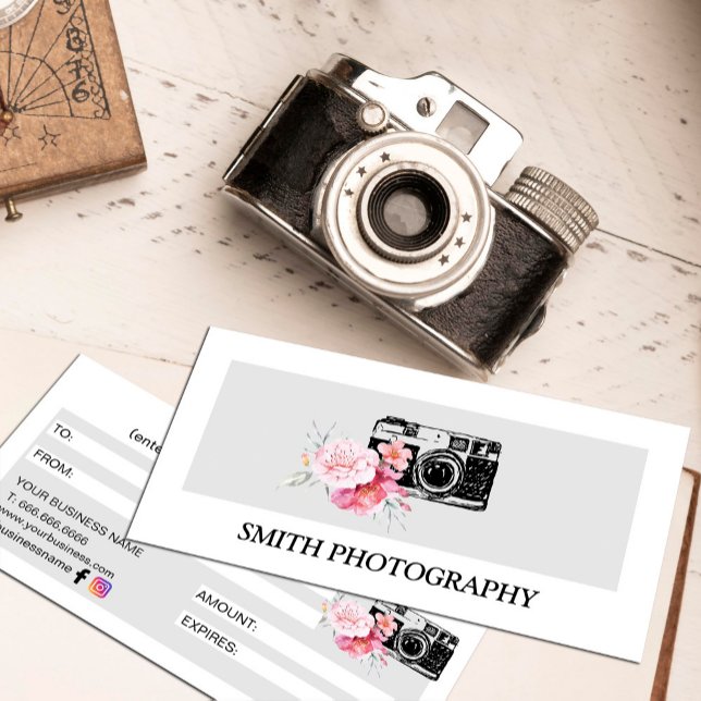 Certificado de regalo para fotógrafo de cámara flo (Modern Floral Camera Photographer Gift Certificate #photographer #pinkblush #cameradrawing)