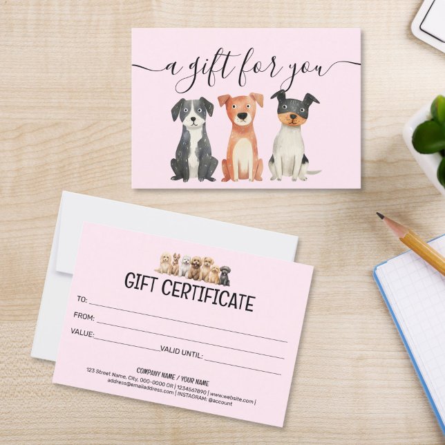 Certificado de regalo Perro Grooming Mascota Sitti (cute watercolor dogs puppies on the blush pink background, gift certificate for groomers pet sitting)