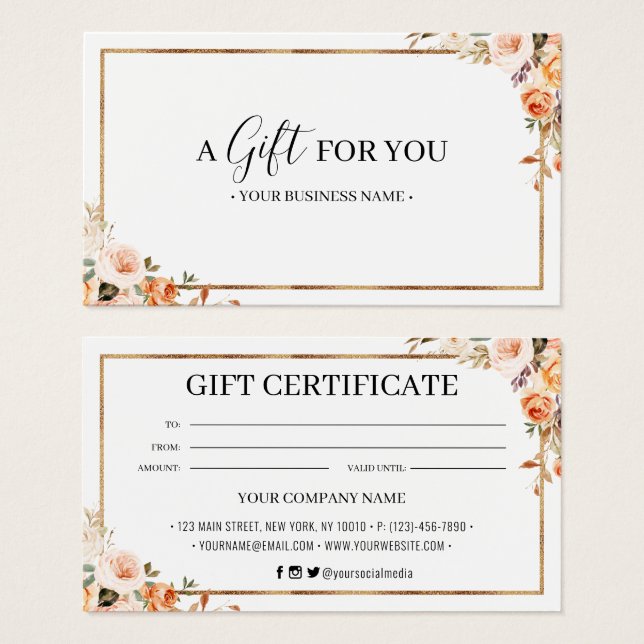 Certificado de regalo personalizado floral de otoñ (Anverso y reverso)