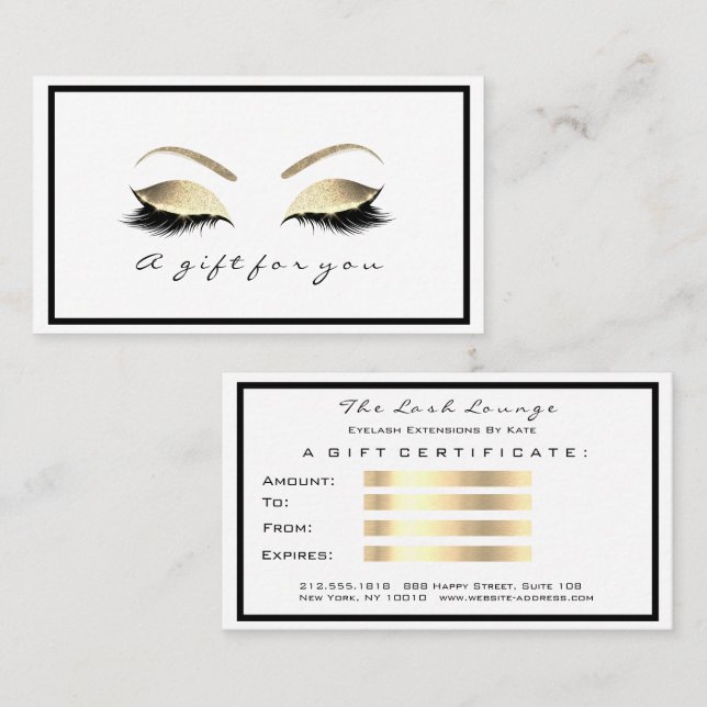 Certificado de regalo Purpurina blanco Oro Lashes  (Anverso / Reverso)