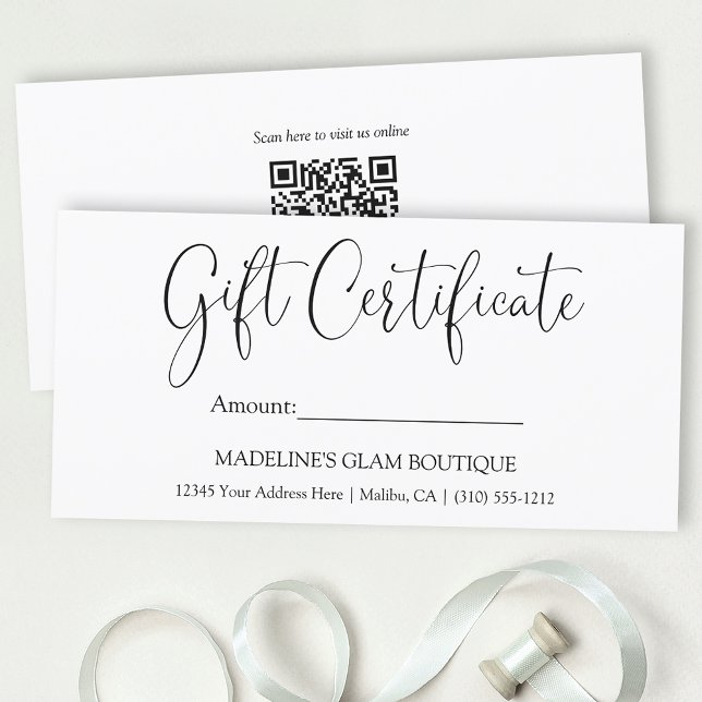 Certificado de regalo QR para empresas de caligraf (Customize to change your personalized text style, size or color. Add your QR Scan code on back.)